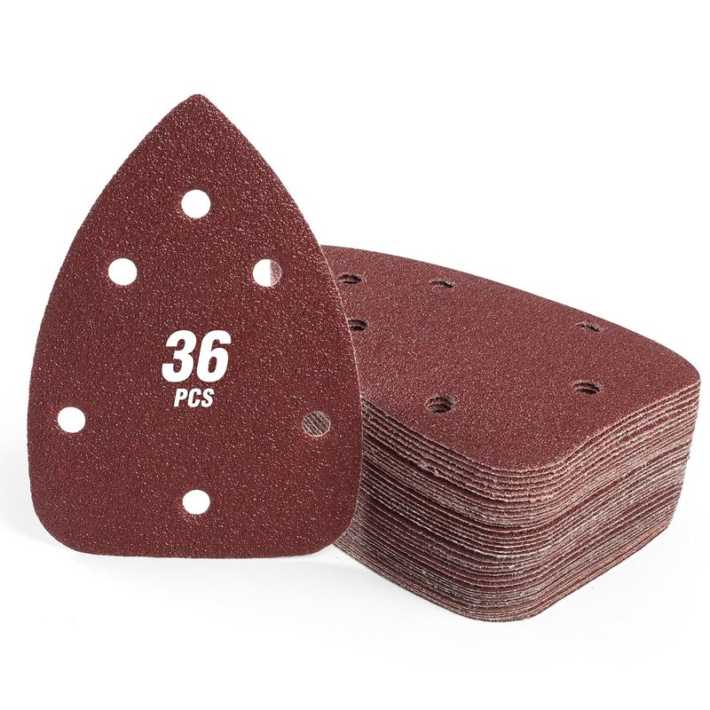 Shawya 36 PCS Mouse Sander Sandpapers 6 Hole Mouse Sand Paper Detail Sander Sanding Disc Mouse Sander Pads Hook and Loop Triangle Sandpaper (60/80/100/120/180/240) -6 PCS for Each Grit - Image 2